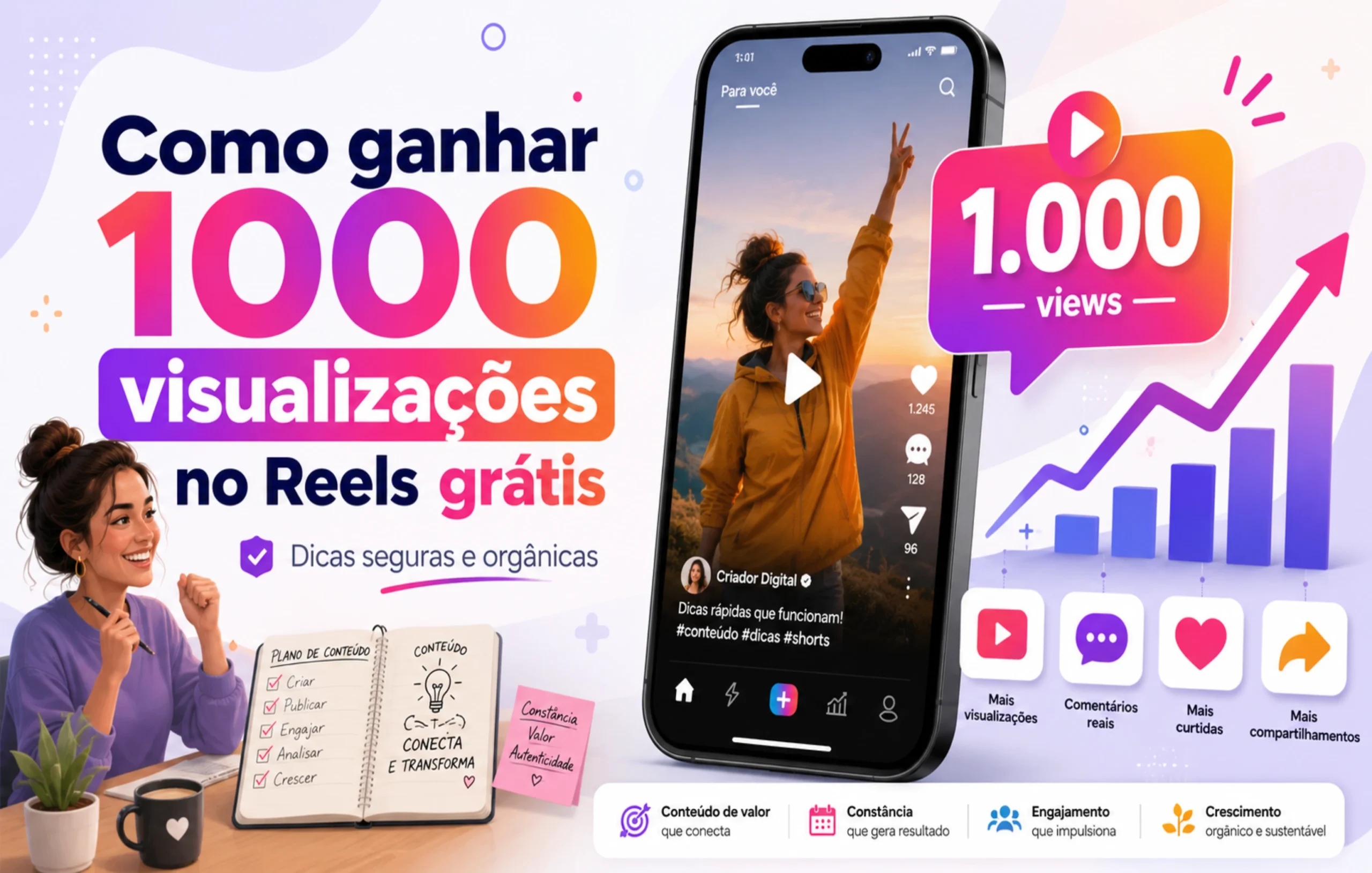 No momento, você está visualizando Como ganhar 1000 visualizações no Reels grátis: guia seguro para sair do zero